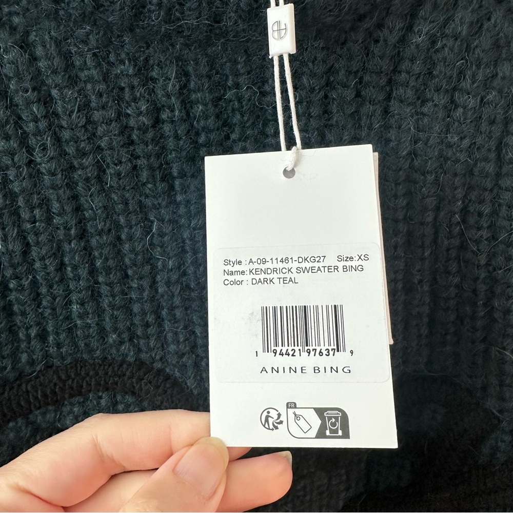 NWT Anine Bing Kendrick Sweater Logo Dark Teal SZ XS - Picture 5 of 8